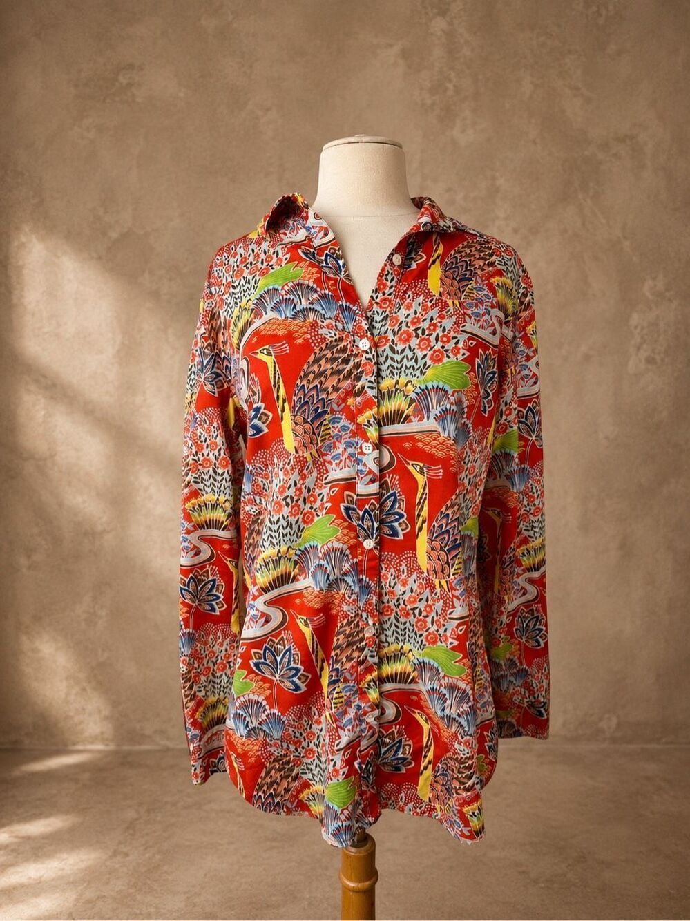 J. McLaughlin Sz M Lois Shirt Peacock Patterned Button Up